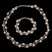 Bijoux de perle d'eau douce naturelle, perle d'eau douce cultivée, Bracelet & collier, avec perles de rocaille en verre, blanc, 5-6mm pouce,  18 pouce, Vendu par fixé