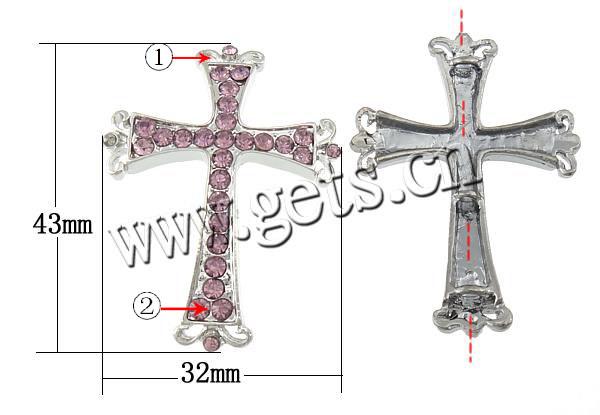 Rhinestone Zinc Alloy Connector, Cross, plated, Customized & with rhinestone, more colors for choice, 43x32x4mm, Hole:Approx 3.5mm, Sold By PC
