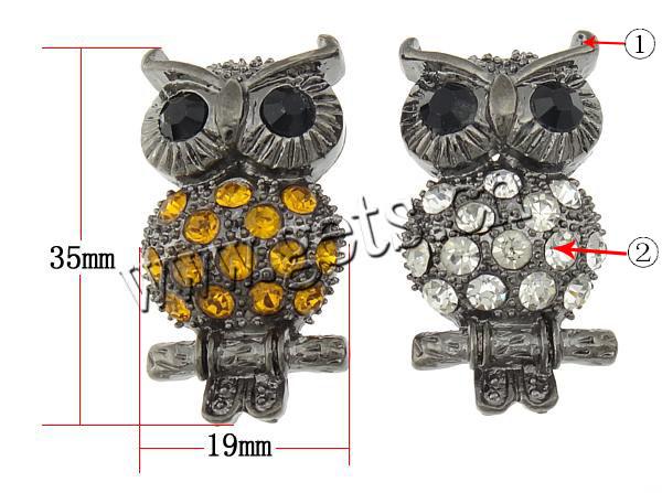 Rhinestone Zinc Alloy Connector, Owl, plated, Customized & with rhinestone, more colors for choice, 19x35x7mm, Hole:Approx 2.5mm, Sold By PC