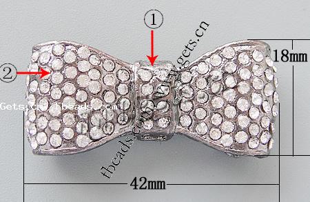 Rhinestone Metal Alloy Connector, Bowknot, plated, with rhinestone, more colors for choice, 42x18x11mm, Hole:Approx 1mm, Sold By PC