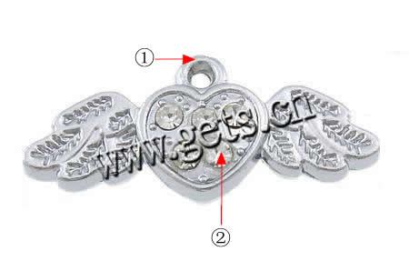 Zinc Alloy Heart Pendants, Winged Heart, plated, Customized & with rhinestone, more colors for choice, nickel, lead & cadmium free, 27x12x4mm, Hole:Approx 1.5mm, Sold By PC