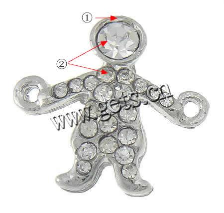 Rhinestone Zinc Alloy Connector, Character, plated, Customized & with rhinestone & 1/1 loop, more colors for choice, 19.2x17.5x3.5mm, Hole:Approx 1.8mm, Sold By PC