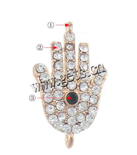 Rhinestone Zinc Alloy Connector, Hamsa, plated, Islamic jewelry & with Mideast rhinestone & 1/1 loop, more colors for choice, nickel, lead & cadmium free, 18x13x3mm, Hole:Approx 1.5mm, Sold By PC