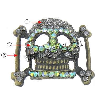 Rhinestone Zinc Alloy Connector, Skull, plated, with rhinestone & 1/1 loop, more colors for choice, 35.5x30.5x10.5mm, Sold By PC