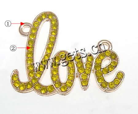 Rhinestone Zinc Alloy Connector, Letter, word love, plated, Customized & with rhinestone, more colors for choice, 40x30x2.5mm, Hole:Approx 3mm, Sold By PC