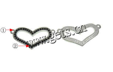 Rhinestone Zinc Alloy Connector, Heart, plated, Customized & with rhinestone & 1/1 loop, more colors for choice, 37x18.5x2mm, Hole:Approx 2mm, Sold By PC