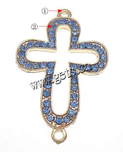 Rhinestone Zinc Alloy Connector, Cross, plated, Customized & with rhinestone & 1/1 loop, more colors for choice, 27.5x43x2.5mm, Hole:Approx 2mm, Sold By PC
