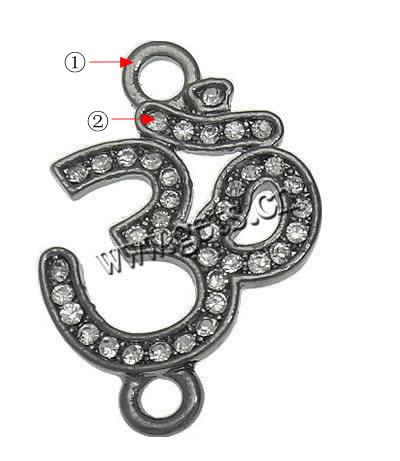 Rhinestone Zinc Alloy Connector, OM Symbol, plated, Customized & with rhinestone & 1/1 loop, more colors for choice, 20x29.5x2.5mm, Hole:Approx 3.5mm, Sold By PC