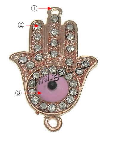 Rhinestone Zinc Alloy Connector, Hand, plated, Customized & enamel & with rhinestone & 1/1 loop, more colors for choice, 22x35x4.5mm, Hole:Approx 2mm, Sold By PC