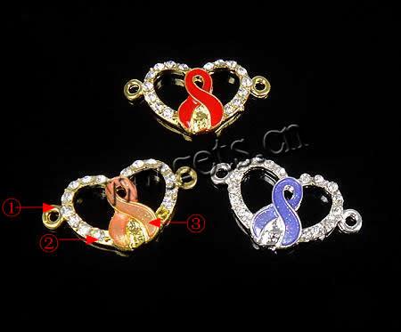 Rhinestone Zinc Alloy Connector, Heart, plated, Customized & with rhinestone & 1/1 loop, more colors for choice, 30.5x17x3.5mm, Hole:Approx 2mm, Sold By PC
