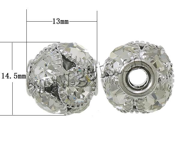 Boule strass Spacer, laiton, Rond, Placage, avec strass, plus de couleurs à choisir, protéger l'environnement, sans nickel, plomb et cadmium, 13x14.5mm, Trou:Environ 3.5mm, Vendu par PC