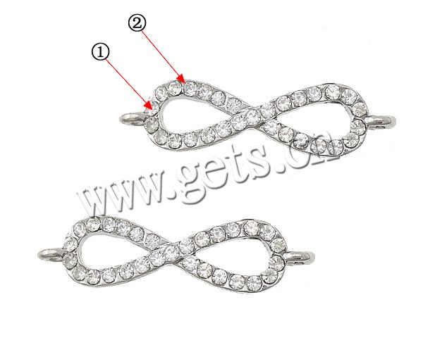 Zinc Alloy Connector Bar, Infinity, plated, Customized & with rhinestone & 1/1 loop, more colors for choice, cadmium free, 27x7x1.8mm, Hole:Approx 2mm, Sold By PC