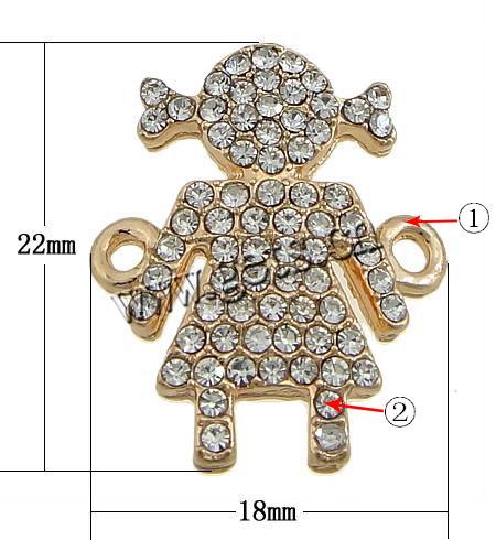 Rhinestone Zinc Alloy Connector, Girl, plated, Customized & with Czech rhinestone & 1/1 loop, more colors for choice, 18x22x3.2mm, Hole:Approx 1.8mm, Sold By PC