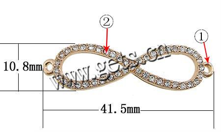 Connecteur en alliage zinc à stras, alliage de zinc, Numéro 8, Placage, Personnalisé & avec les strass tchèques, plus de couleurs à choisir, 41.5x10.8x2.8mm, Trou:Environ 1.5mm, Vendu par PC