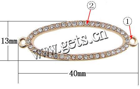 Rhinestone Zinc Alloy Connector, Oval, plated, Customized & with Czech rhinestone & 1/1 loop, more colors for choice, 40x13x2.5mm, Hole:Approx 1.8mm, Sold By PC