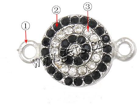 Rhinestone Zinc Alloy Connector, Flat Round, plated, Customized & with rhinestone & 1/1 loop, more colors for choice, 16x16mm, Hole:Approx 2.5mm, Sold By PC