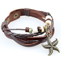 PU Leather Cord Bracelets, with Waxed Cotton Cord & zinc alloy pendant & Wood, antique bronze color plated, braided & multi-strand, lead & cadmium free, 13mm Approx 8.5 Inch 