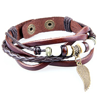 PU Leather Cord Bracelets, with Waxed Cotton Cord & zinc alloy pendant & Wood, antique bronze color plated, multi-strand, lead & cadmium free, 13mm Approx 6 Inch 