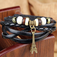 PU Leather Cord Bracelets, with Waxed Cotton Cord & zinc alloy pendant & Wood, antique bronze color plated, braided & multi-strand, lead & cadmium free, 13mm Approx 6 Inch 