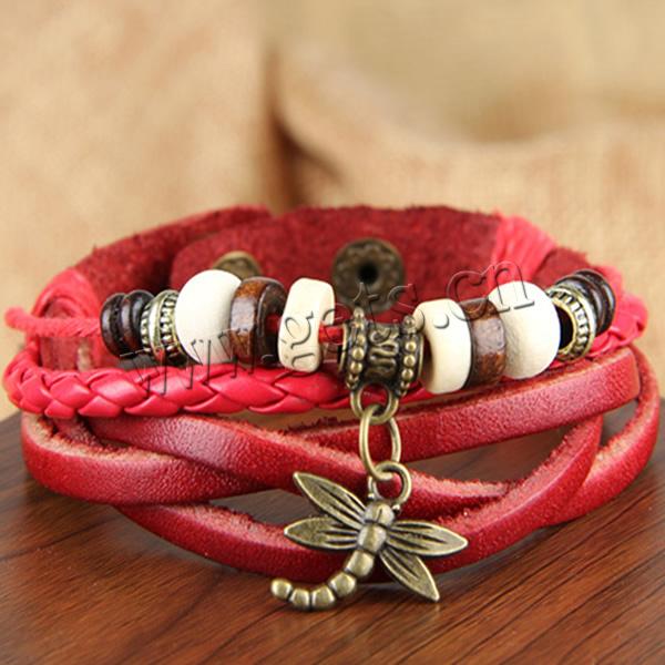 PU Leather Cord Bracelets, with Waxed Cotton Cord & zinc alloy pendant & Wood, antique bronze color plated, braided, red, lead & cadmium free, 13mm Approx 6.5 Inch 