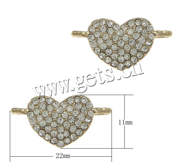 Rhinestone Zinc Alloy Connector, Heart, plated, Customized & 1/1 loop, more colors for choice, cadmium free, 22x11x4mm, Hole:Approx 2mm, Sold By PC