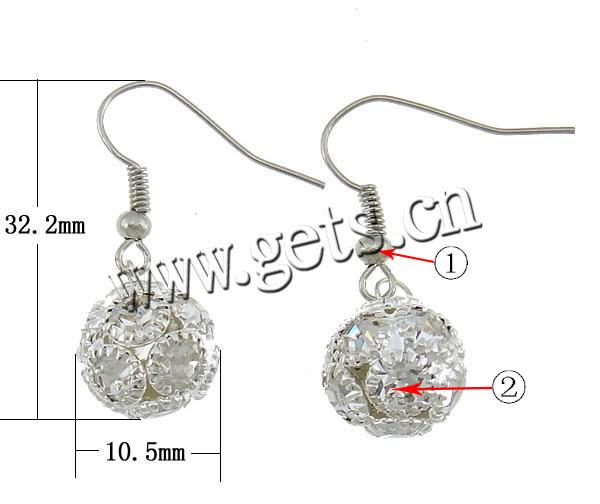 Zinc Alloy Rhinestone Drop Earring, Round, plated, Customized & with rhinestone, more colors for choice, 10.5x32.2mm, Length:Approx 1.2 Inch, Sold By Pair