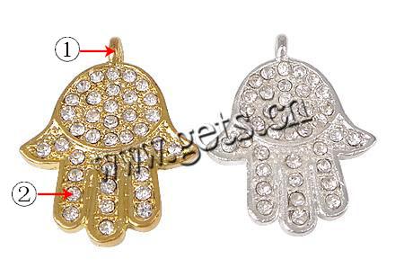 Colgantes de Hamsa la aleación del cinc, aleación de zinc, Mano, chapado, Islam joyas & con diamantes de imitación, más colores para la opción, 22x28x2mm, agujero:aproximado 2mm, Vendido por UD