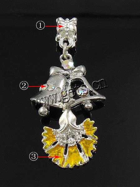 European Christmas Pendant, Zinc Alloy, with enamel, Christmas Bell, plated, enamel & with rhinestone, more colors for choice, 22x22x3.5mm, 15x20x2mm, Hole:Approx 5mm, Sold By PC
