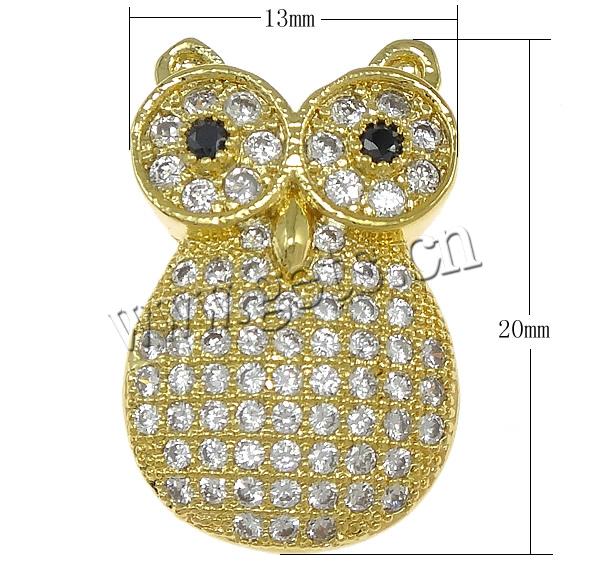 Cubic Zirconia Micro Pave Brass Beads, Owl, plated, micro pave cubic zirconia & hollow, more colors for choice, 13x20x6mm, Hole:Approx 1mm, Sold By PC