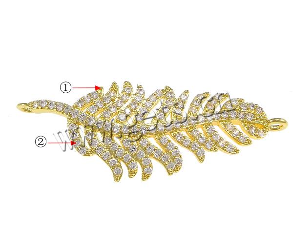 Cubic Zirconia Micro Pave Brass Connector, Feather, plated, micro pave cubic zirconia & 1/1 loop, more colors for choice, 45x17x3mm, Hole:Approx 2mm, Sold By PC