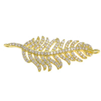 Cubic Zirconia Micro Pave Brass Connector, Feather, plated, micro pave cubic zirconia & 1/1 loop Approx 2mm 