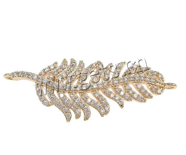Cubic Zirconia Micro Pave Brass Connector, Feather, plated, micro pave cubic zirconia & 1/1 loop, more colors for choice, 45x17x3mm, Hole:Approx 2mm, Sold By PC