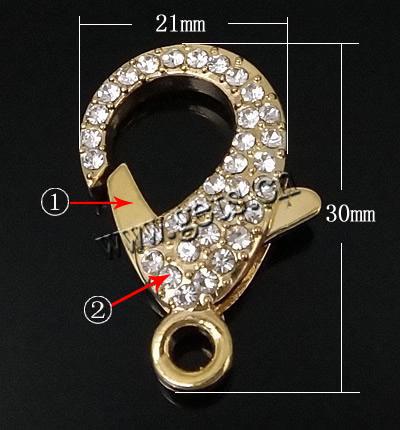 Zinc Alloy Lobster Clasp, plated, Customized & with rhinestone, more colors for choice, 21x30x7mm, Hole:Approx 3mm, Sold By PC