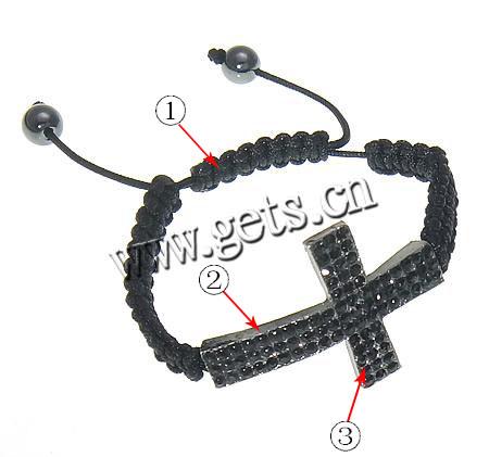 Bracelets de Woven Ball En alliage de zinc, avec corde en nylon & Hématite, croix, fait à la main, avec strass, plus de couleurs à choisir, 27x39mm, 8mm, Longueur:Environ 6-9 pouce, Vendu par brin