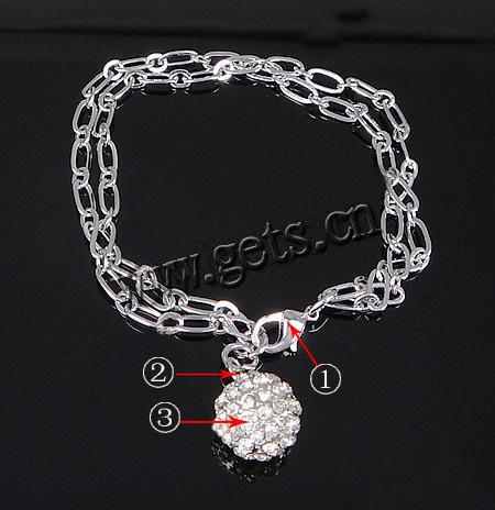 Brass Chain Zinc Alloy Charm Bracelets, brass lobster clasp, plated, with rhinestone & 2-strand, more colors for choice, 12mm, 7.5x4x0.5mm, Length:Approx 7.5 Inch, Sold By Strand