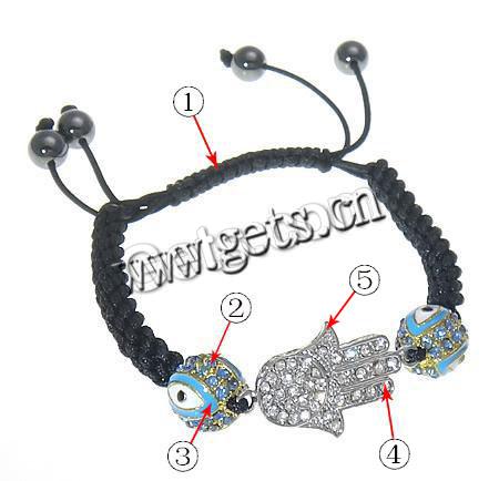 bracelet hamsa , alliage de zinc, avec corde en nylon, main, Placage, émail & avec strass, plus de couleurs à choisir, 19x32mm, 12mm, 8mm, Longueur:Environ 7-11 pouce, Vendu par brin