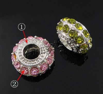 Rhinestone European Beads, Brass, Rondelle, plated, without troll & with rhinestone, more colors for choice, 15x9mm, Hole:Approx 6mm, Sold By PC