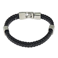 Cowhide Bracelets, PU Leather, 316 stainless steel clasp, braided, black Approx 8.5 Inch 