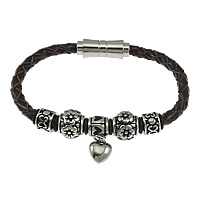 Cowhide Bracelets, with Silicone, 316 stainless steel magnetic clasp, Heart, braided & blacken, brown Approx 8.5 Inch 