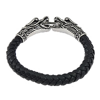 Cowhide Bracelets, PU Leather, 316 stainless steel spring ring clasp, Dragon, braided & blacken, black Approx 8 Inch 