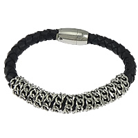 Cowhide Bracelets, 316 stainless steel magnetic clasp, braided, black Approx 8.5 Inch 