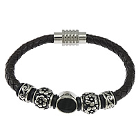 Cowhide Bracelets, with Silicone, 316 stainless steel magnetic clasp, braided & enamel & blacken, brown Approx 8.5 Inch 