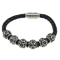 Cowhide Bracelets, with Silicone, 316 stainless steel magnetic clasp, braided & blacken, black Approx 8.5 Inch 