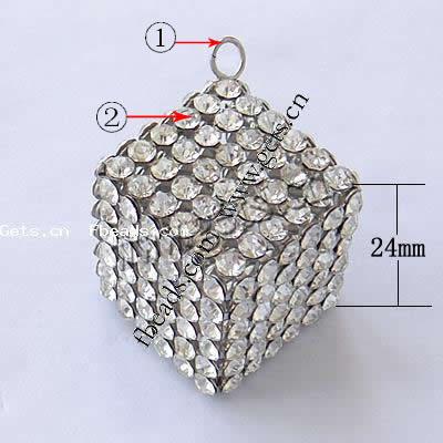 Zinc Alloy Rhinestone Pendants, Cube, plated, with rhinestone, more colors for choice, 24x24x24mm, Hole:Approx 4.5mm, Sold By PC