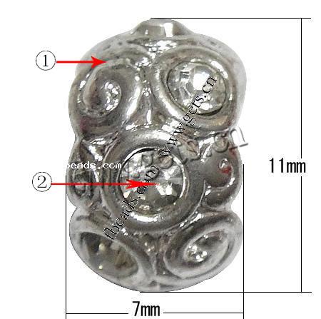 Perles European de stras d'alliage de Zinc , rondelle, Placage, sans filetage & avec strass, plus de couleurs à choisir, 11x7mm, Trou:Environ 4.5mm, Vendu par PC