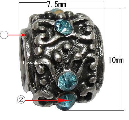 Rhinestone Zinc Alloy European Beads, Rondelle, plated, without troll & with rhinestone, more colors for choice, 10x7.5mm, Hole:Approx 4.5mm, Sold By PC