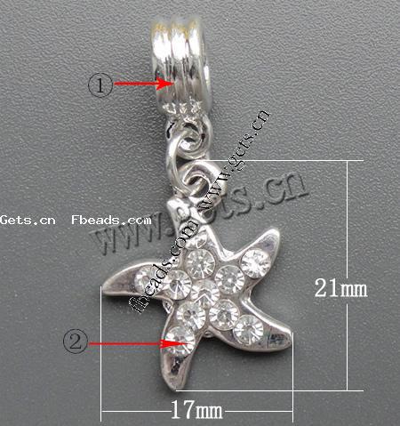 Zinc Alloy European Pendants, Star, plated, without troll & with rhinestone, more colors for choice, 17x21x3mm, Hole:Approx 5mm, Length:33 , Sold By PC