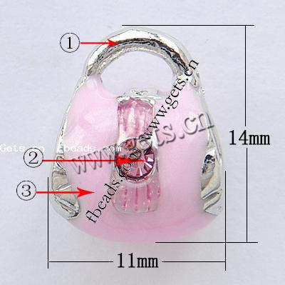 Enamel Zinc Alloy European Beads, Handbag, plated, without troll & with rhinestone & large hole, more colors for choice, 14x11x10mm, Hole:Approx 5mm, Sold By PC