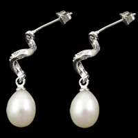 Sterling Silver Pearl Drop Earring, 925 Sterling Silver, with Freshwater Pearl, Teardrop, plated, micro pave cubic zirconia 9mm 