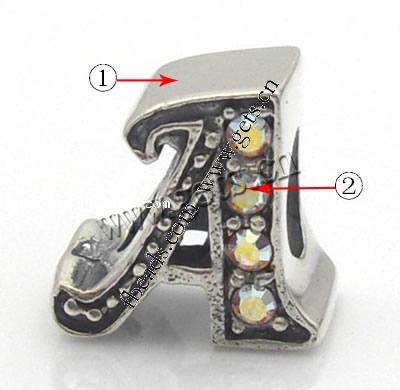 Perles European de stras d'alliage de Zinc , Lettre A, Placage, sans filetage & avec strass, plus de couleurs à choisir, 13x13mm, Trou:Environ 4mm, Vendu par PC